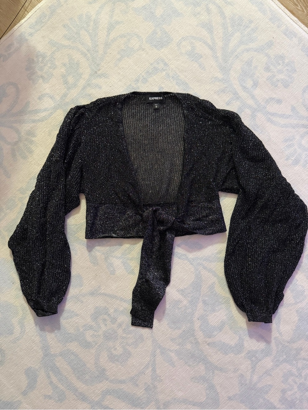 Express Black Silver Metallic Balloon Sleeve Tie Front Crop Cardigan XS Sparkle